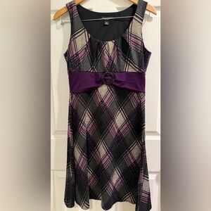 VTG Perceptions Black Purple Plaid Tweed Y2K Mini Babydoll Ruched Dress